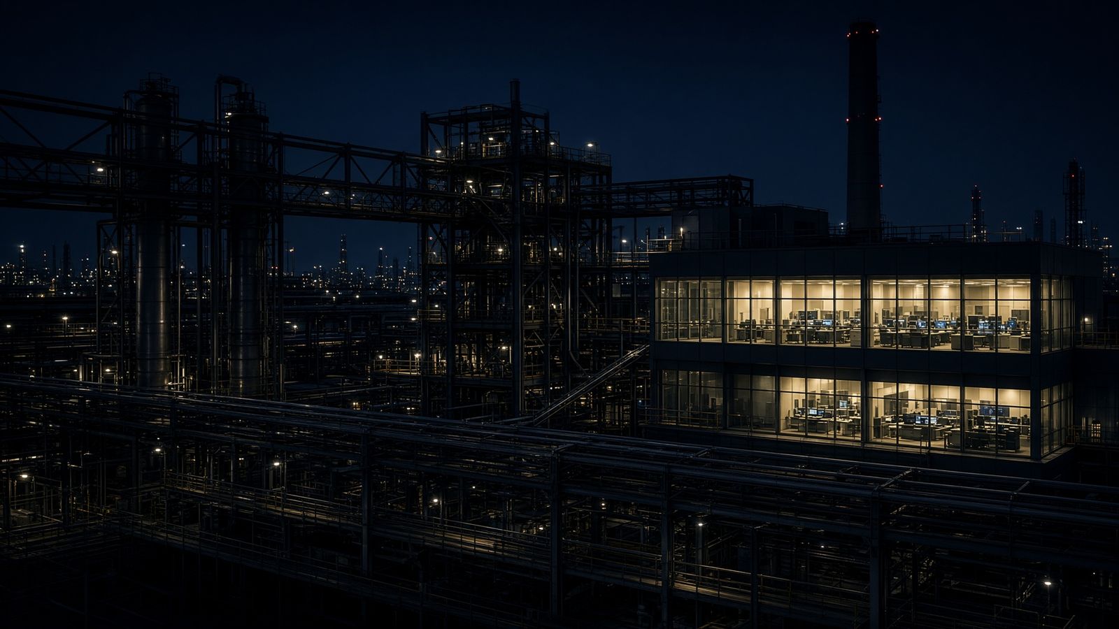 Industrial nga planta sa gabii nga naay hayag nga control building