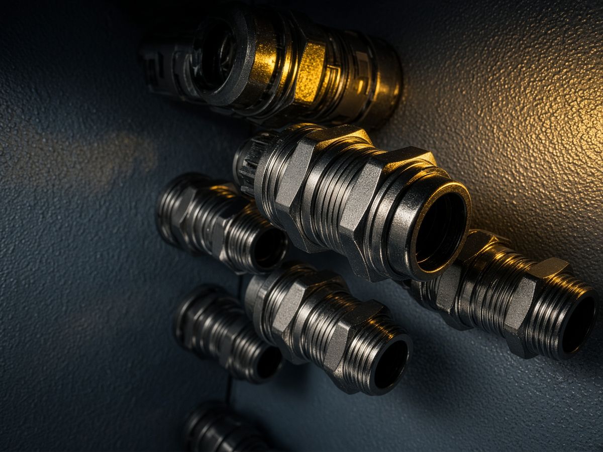 Metal nga cable glands sa panel, close-up
